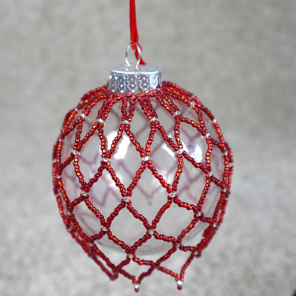Red Hand Beaded Lattice Clear Acrylic Christmas Ball Ornament Holiday Decor